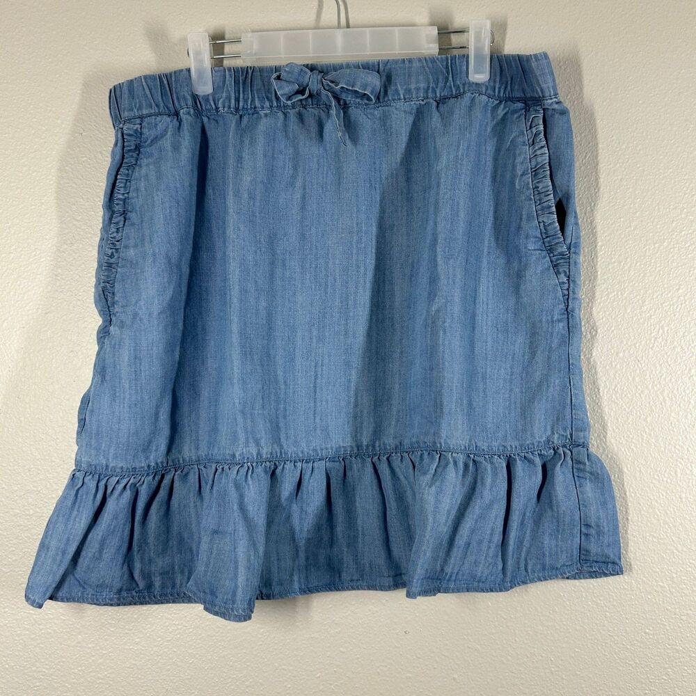 LOFT Outlet Skirt Womens L Chambray Ruffle Hem Elastic Waist Pockets Light Blue